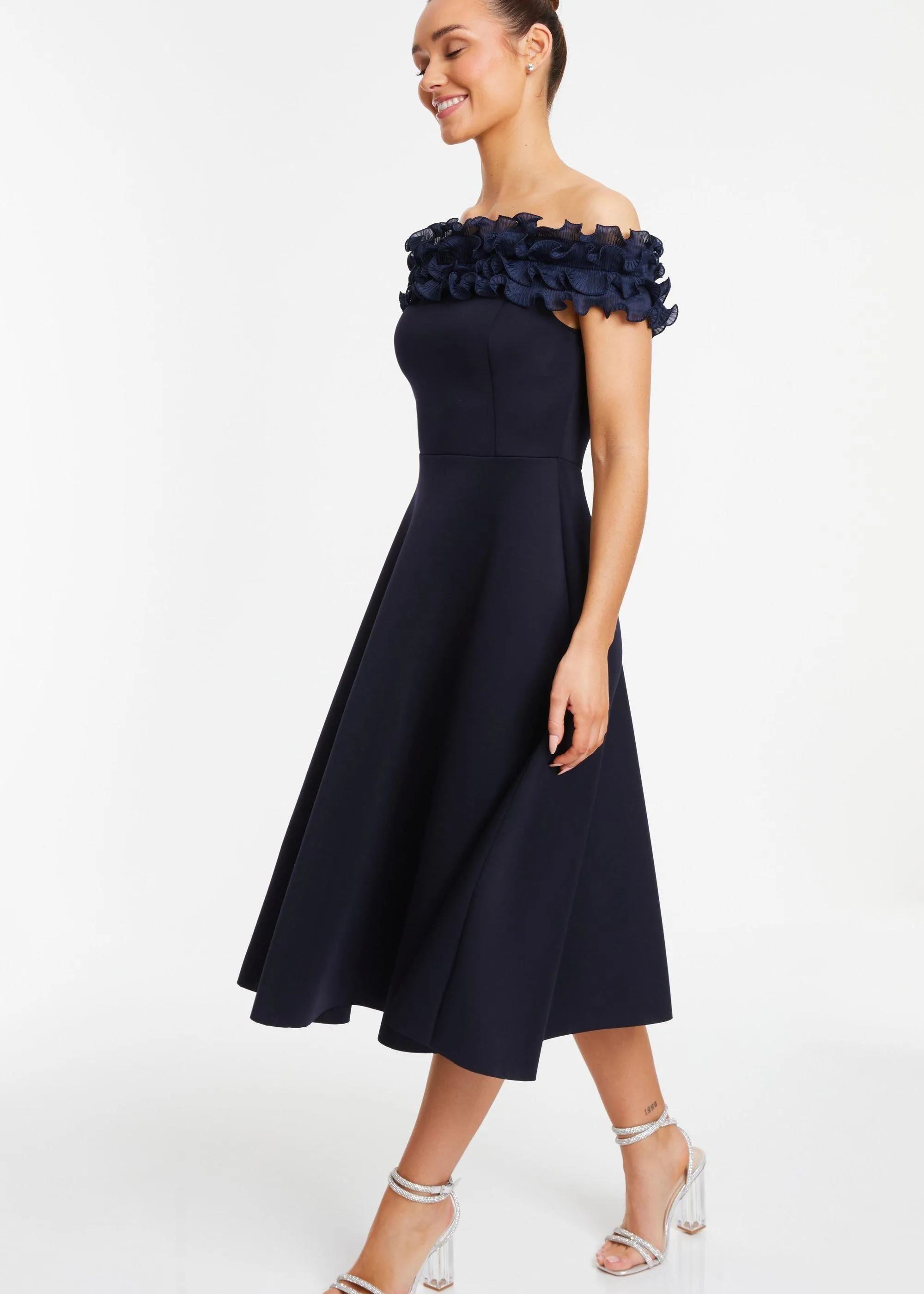 Dresses | Bardot Ruffle Skater Midi Dress | Quiz