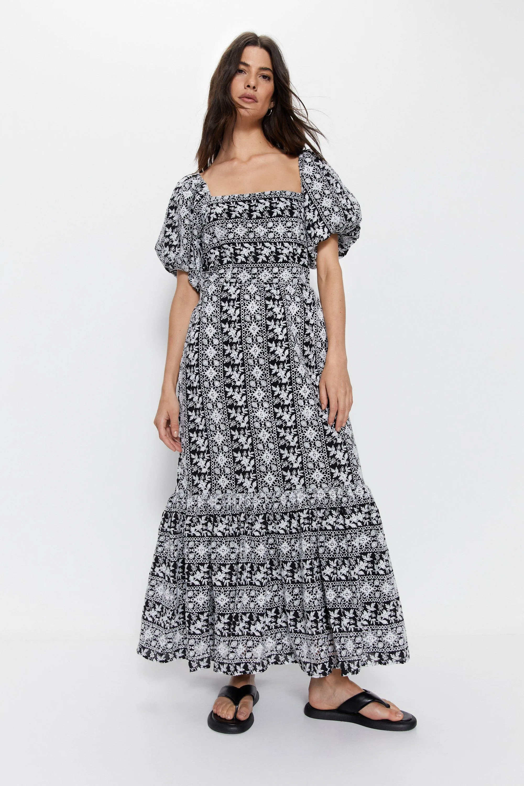 Dresses | Contrast Broderie Puff Sleeve Maxi Dress | Warehouse