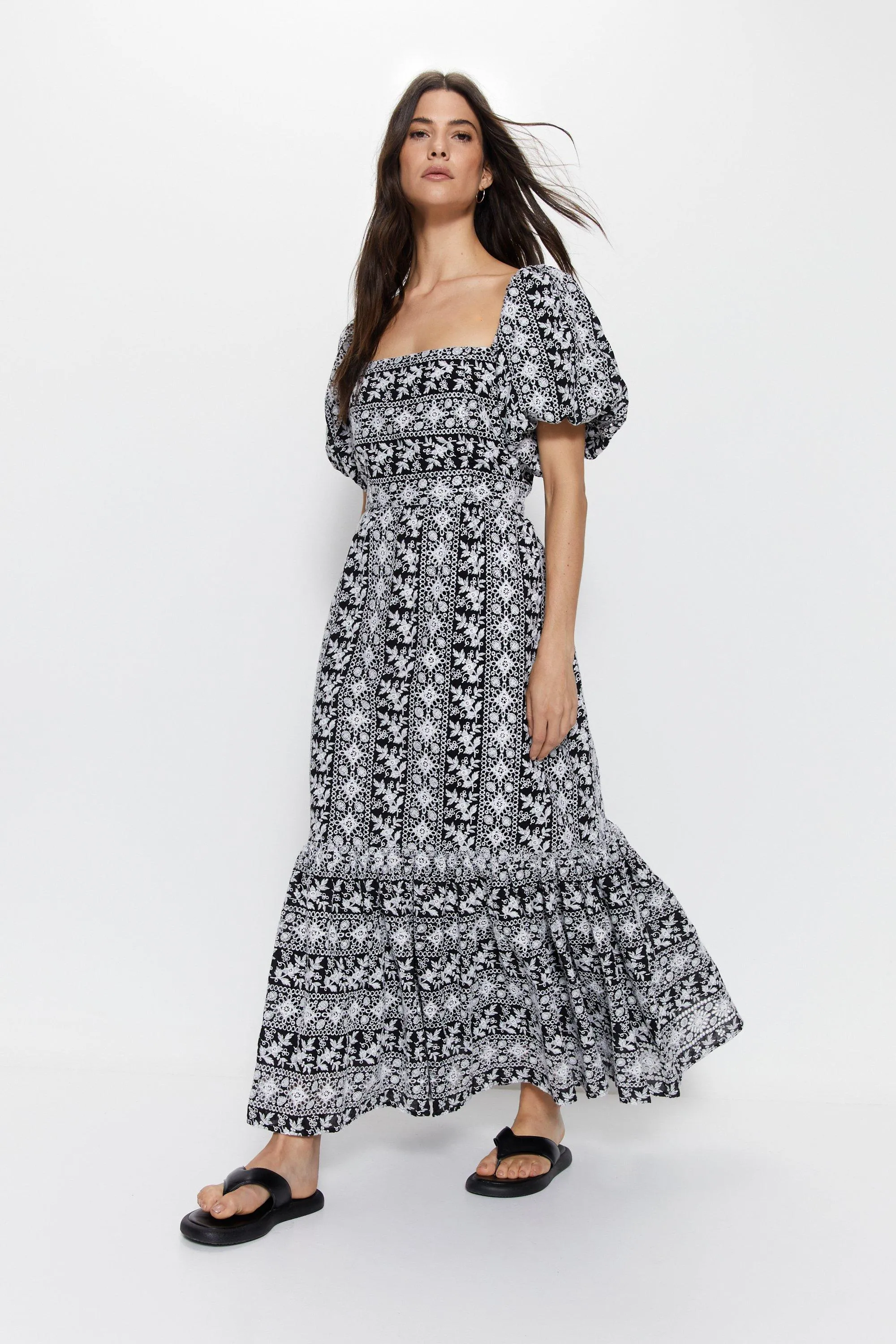 Dresses | Contrast Broderie Puff Sleeve Maxi Dress | Warehouse