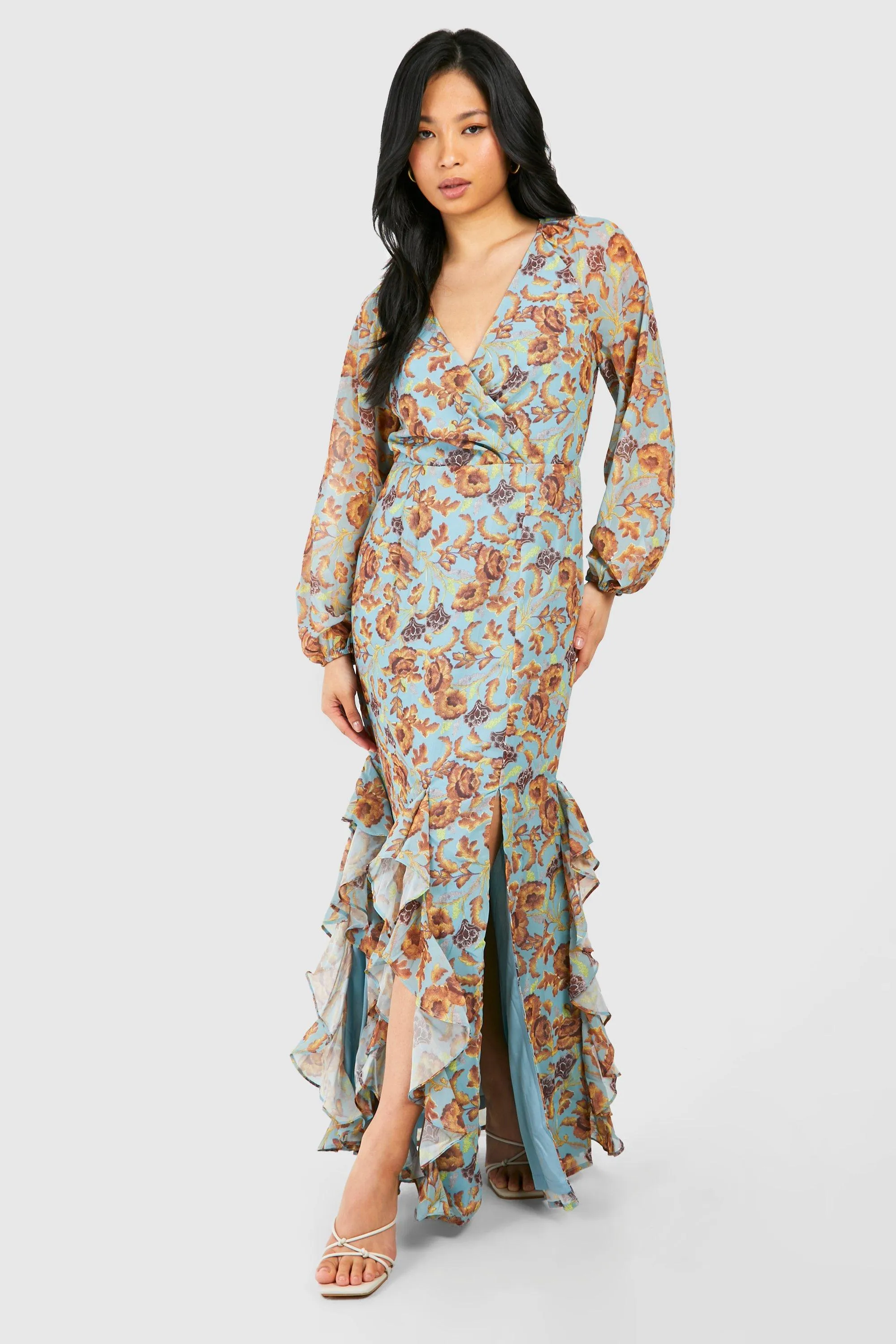 Dresses | Petite Floral Print Ruffle Wrap Maxi Dress | boohoo