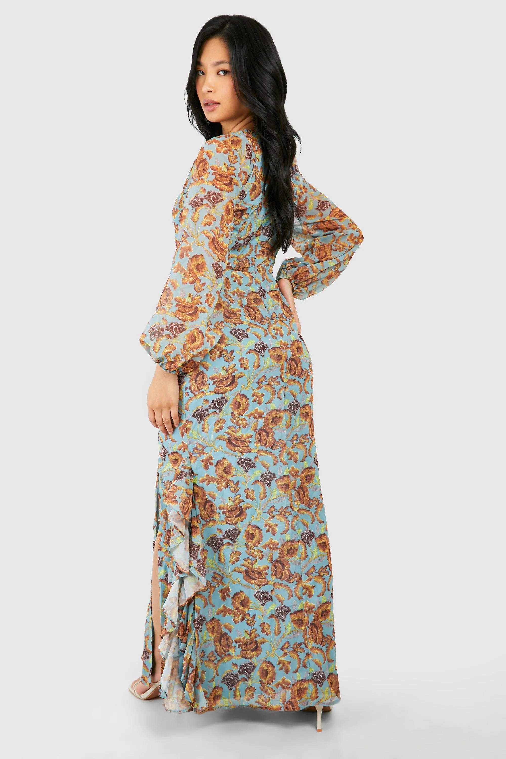 Dresses | Petite Floral Print Ruffle Wrap Maxi Dress | boohoo