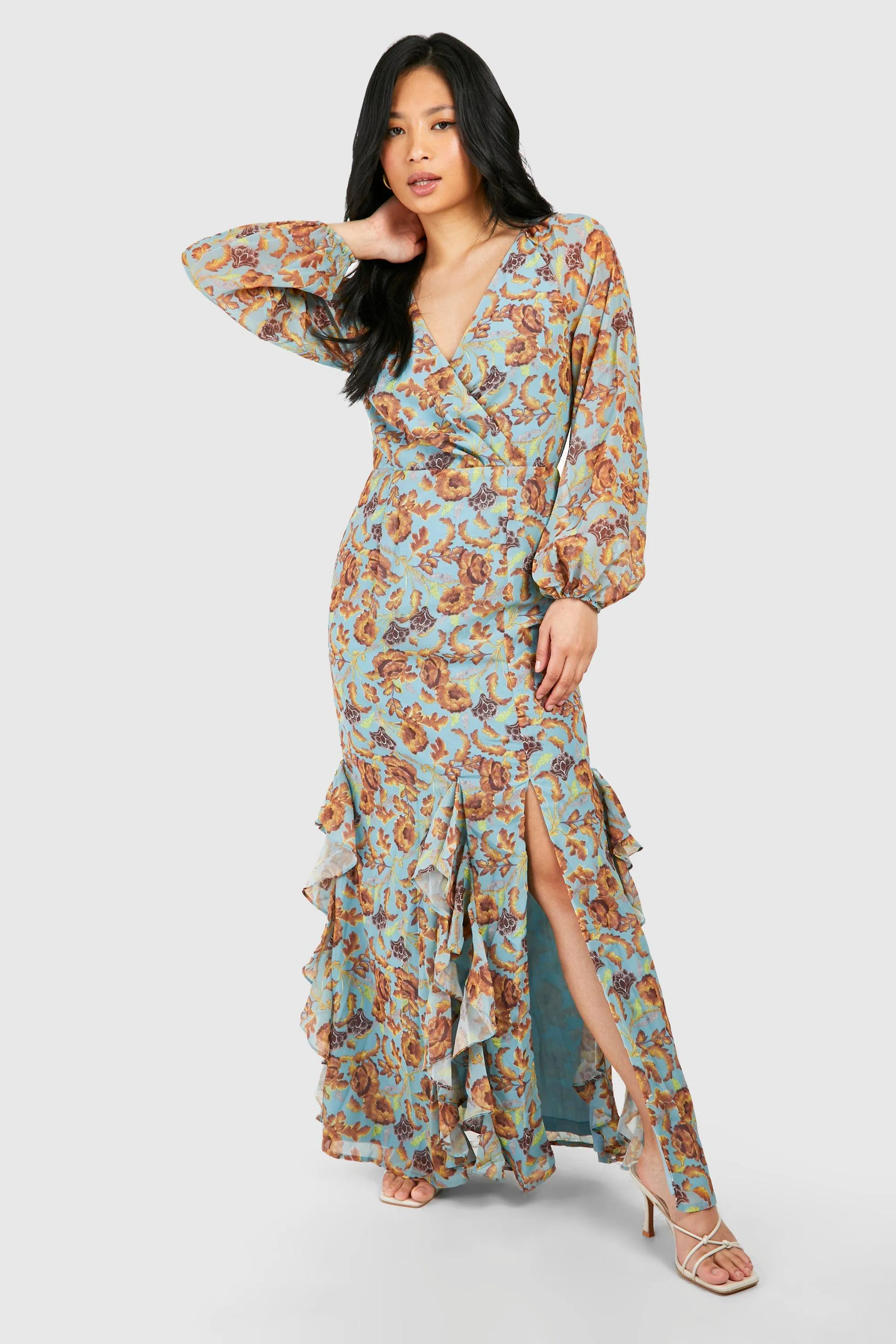 Dresses | Petite Floral Print Ruffle Wrap Maxi Dress | boohoo