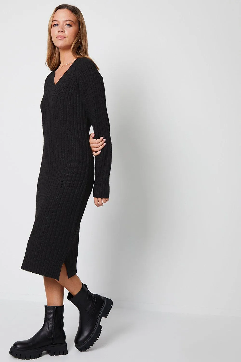 Dresses | Petite 'Ava' V Neck Knit Midi Dress | Threadbare