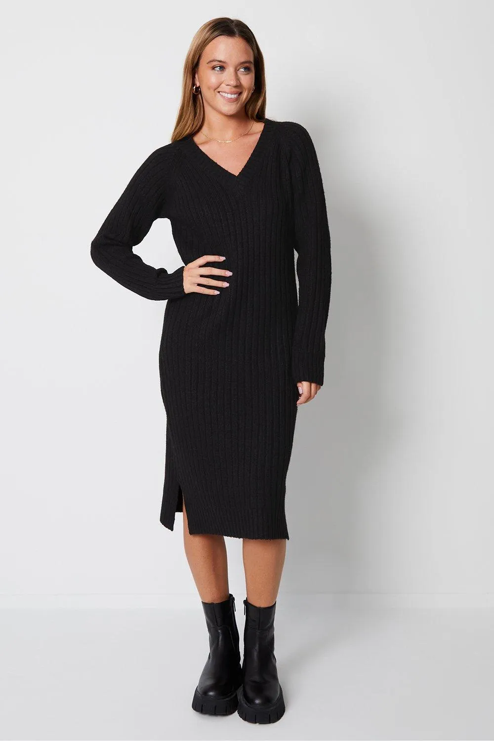 Dresses | Petite 'Ava' V Neck Knit Midi Dress | Threadbare