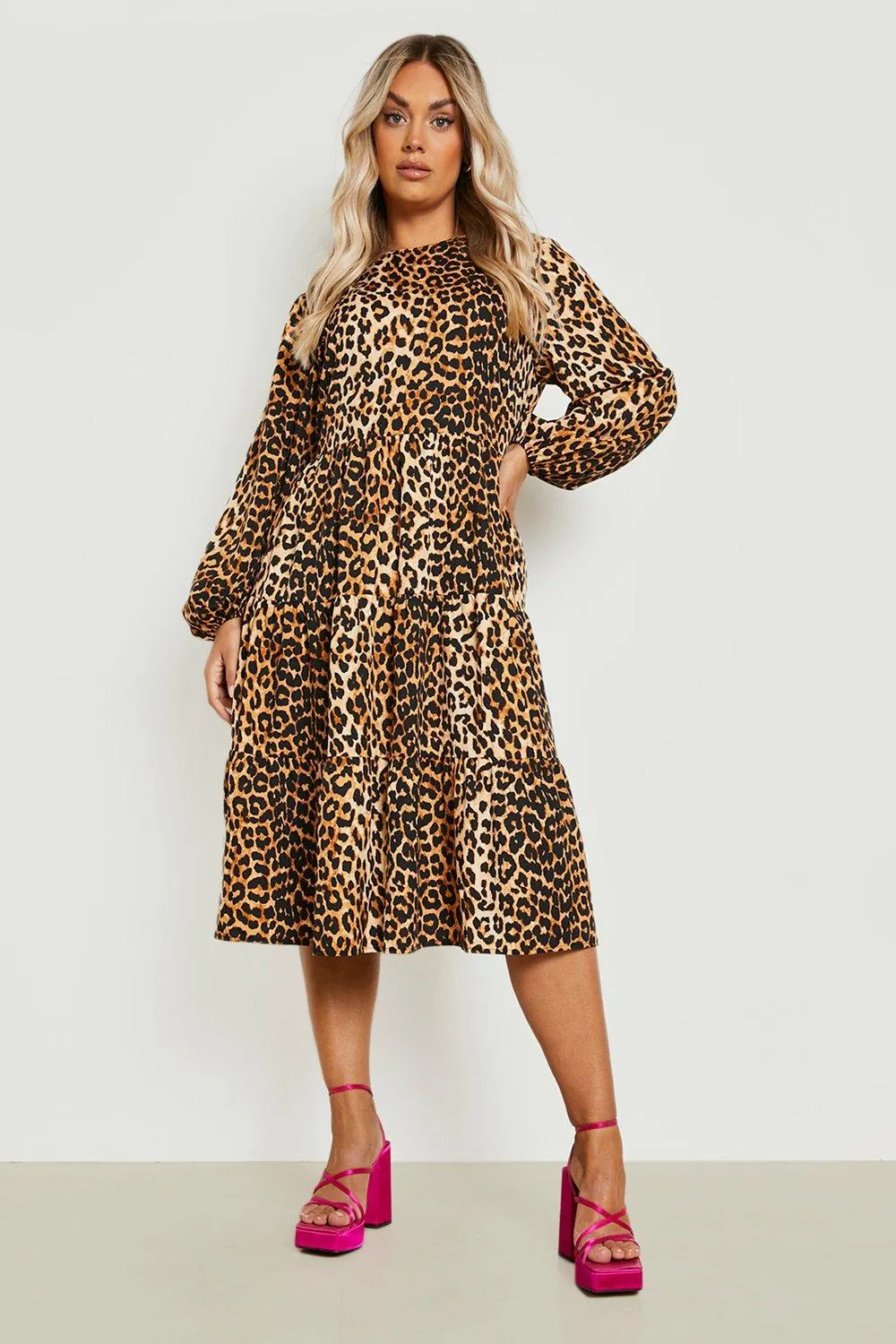 Dresses | Plus Leopard Print Tiered Midi Dress | boohoo