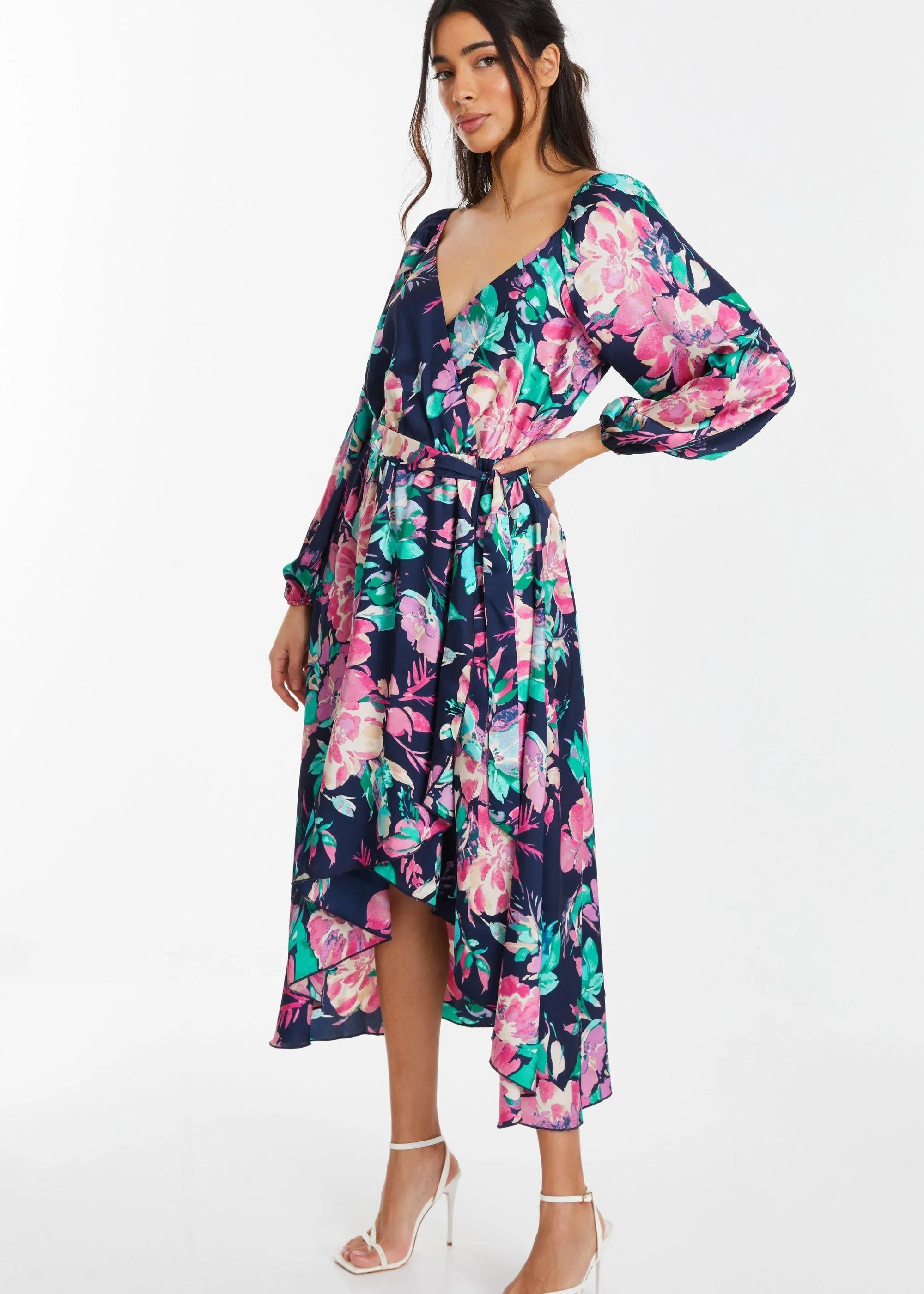 Dresses | Satin Floral Wrap Dip Hem Midi Dress | Quiz