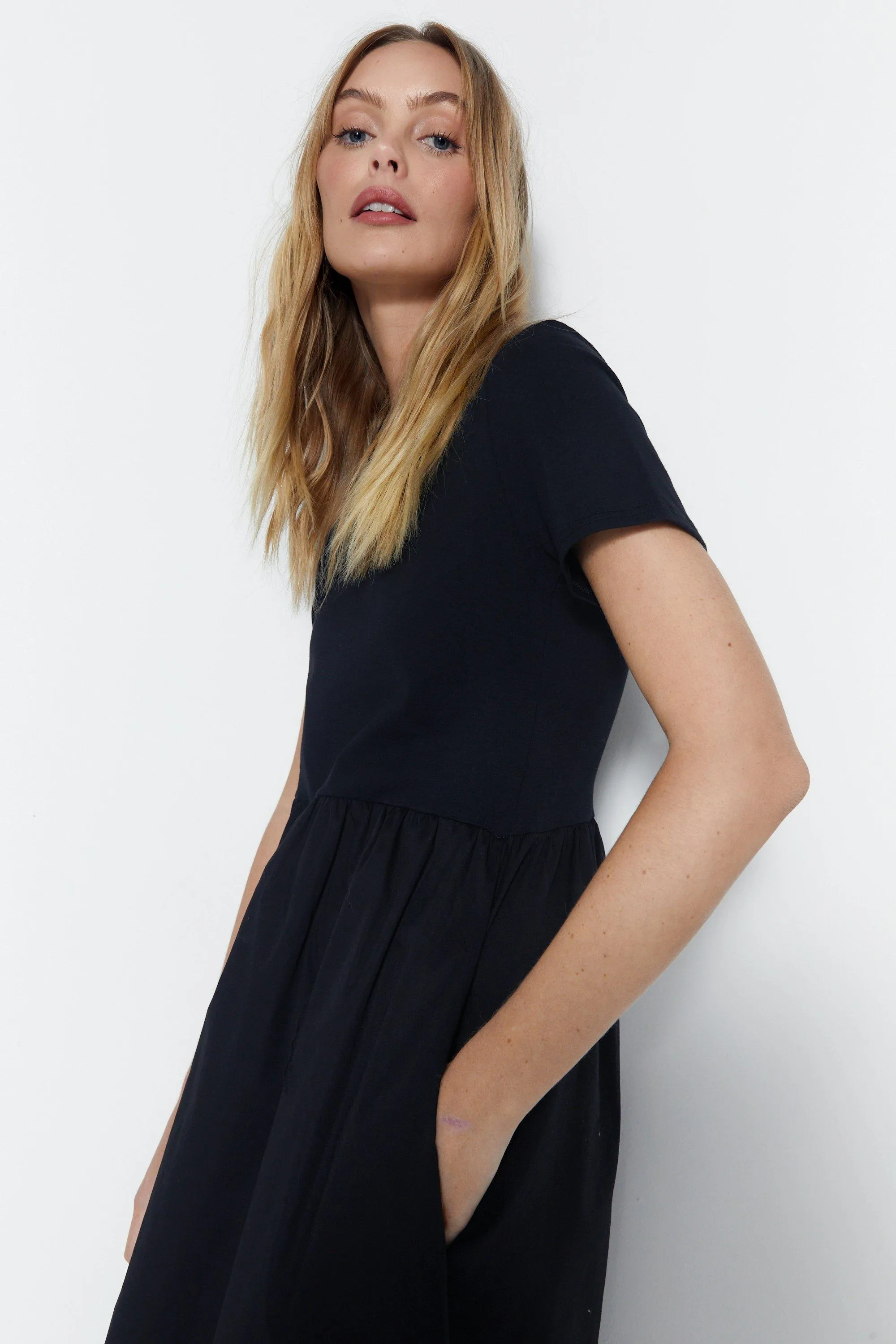 Dresses | Short Sleeve Woven Mix Midi Dress | Warehouse