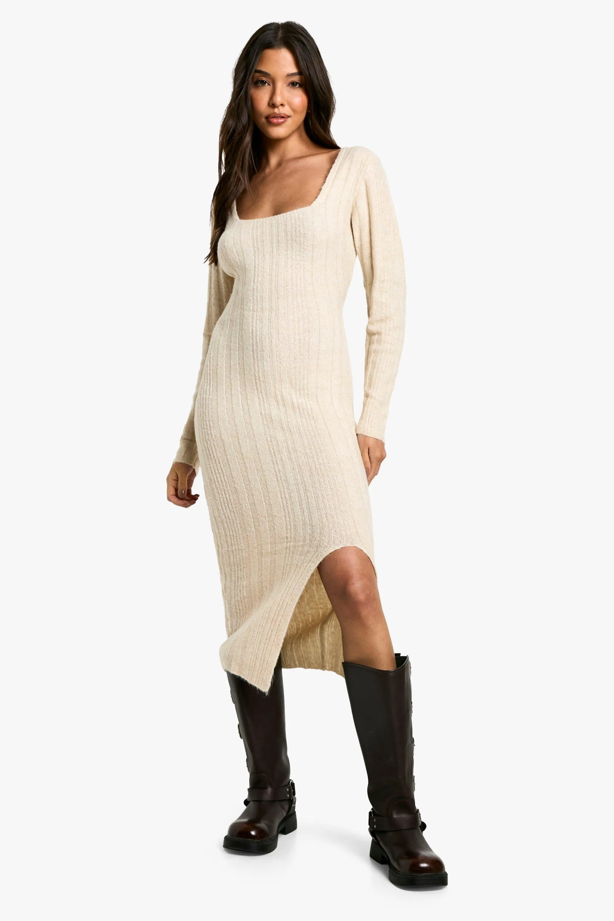 Dresses | Square Neck Mixed Rib Knitted Midaxi Dress | boohoo