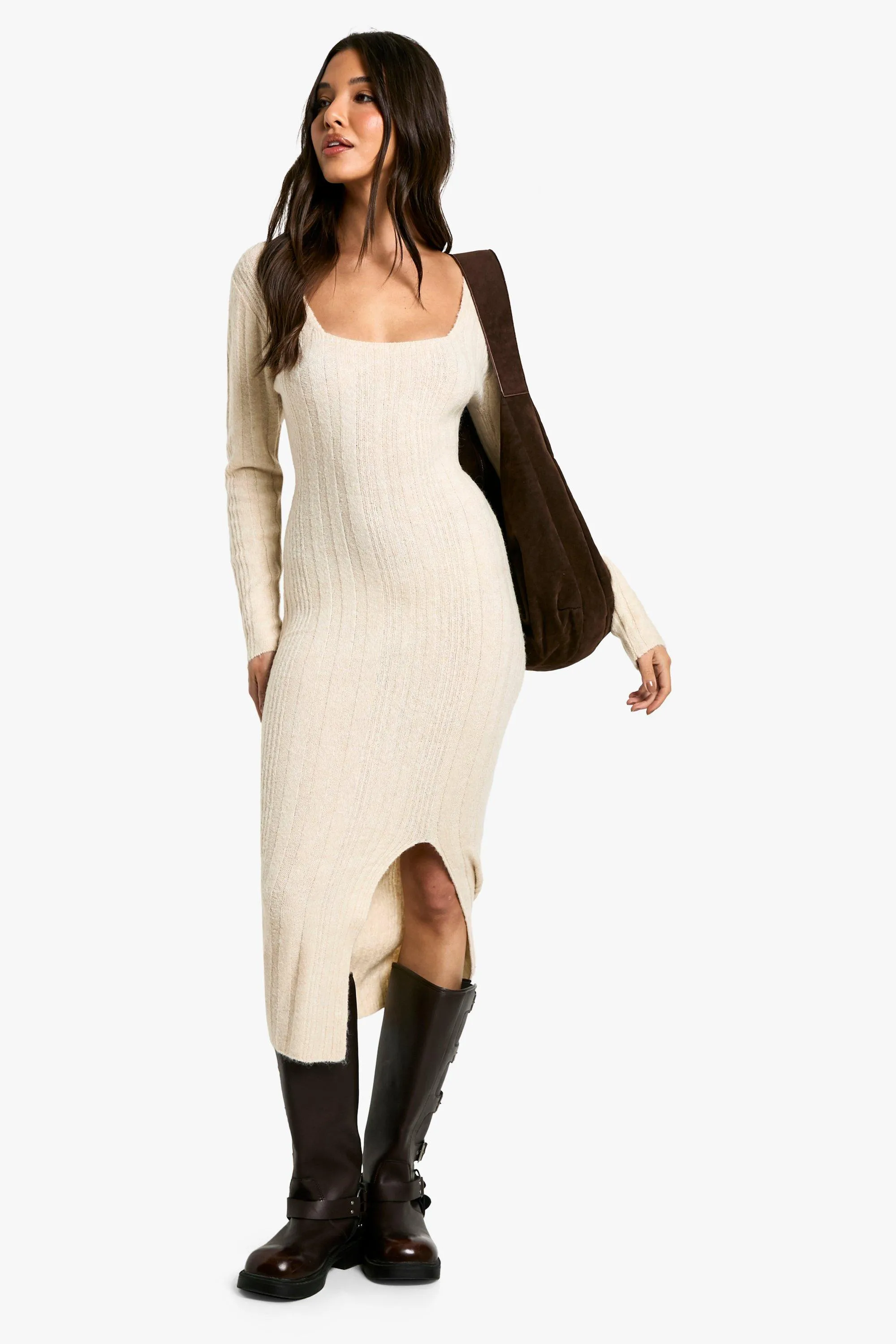 Dresses | Square Neck Mixed Rib Knitted Midaxi Dress | boohoo