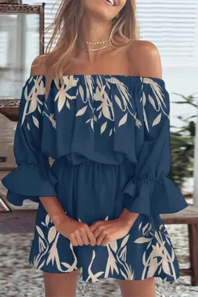 Elegant Vacation Print Patchwork Off the Shoulder Cake Skirt Dresses