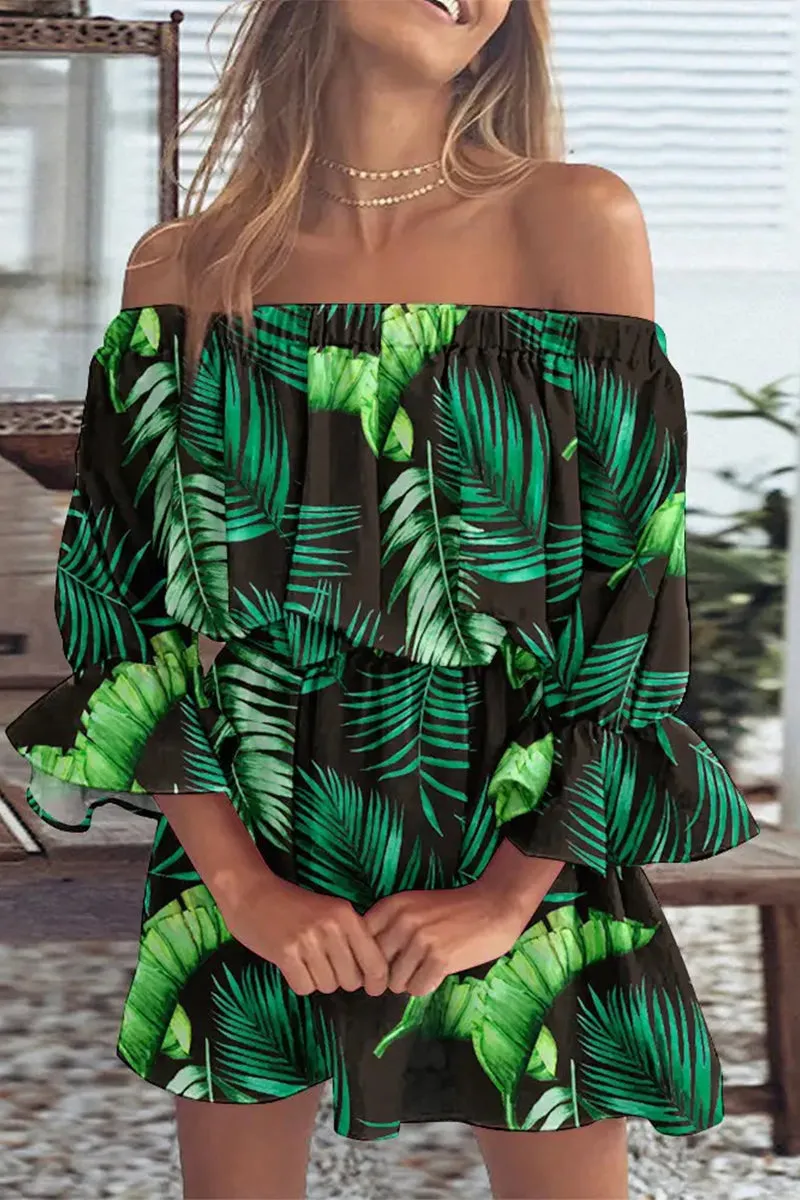 Elegant Vacation Print Patchwork Off the Shoulder Cake Skirt Dresses