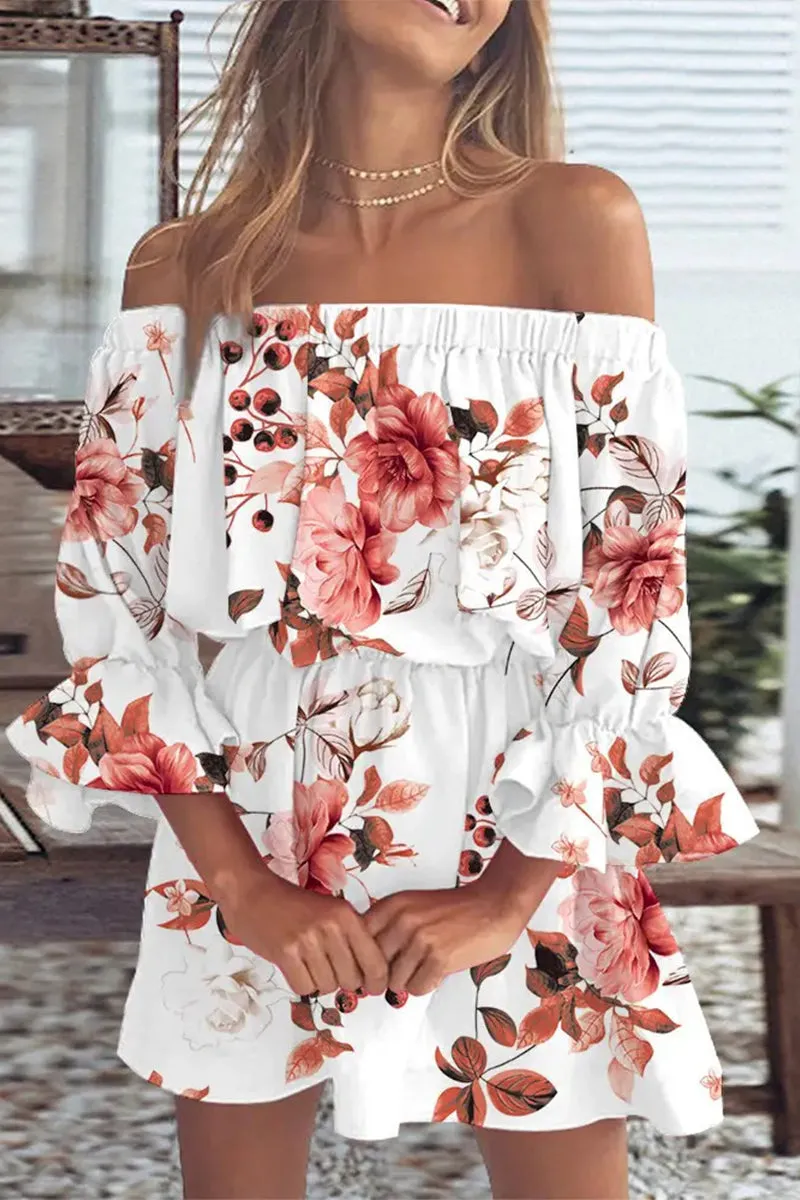 Elegant Vacation Print Patchwork Off the Shoulder Cake Skirt Dresses