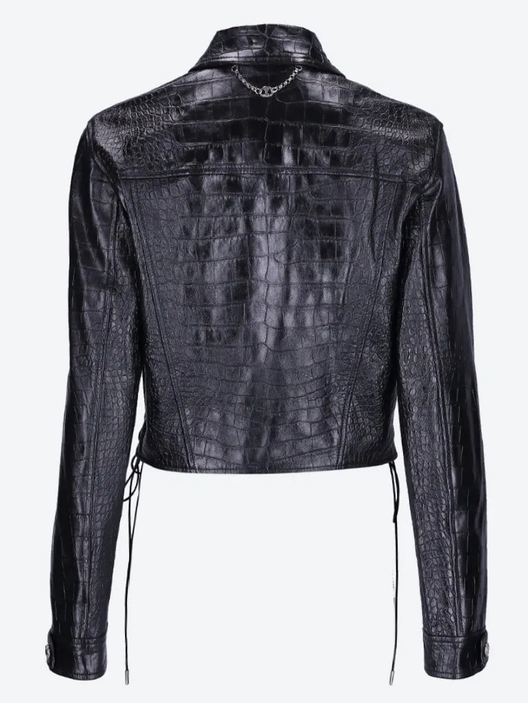 Embossed croco shiny leather jacke