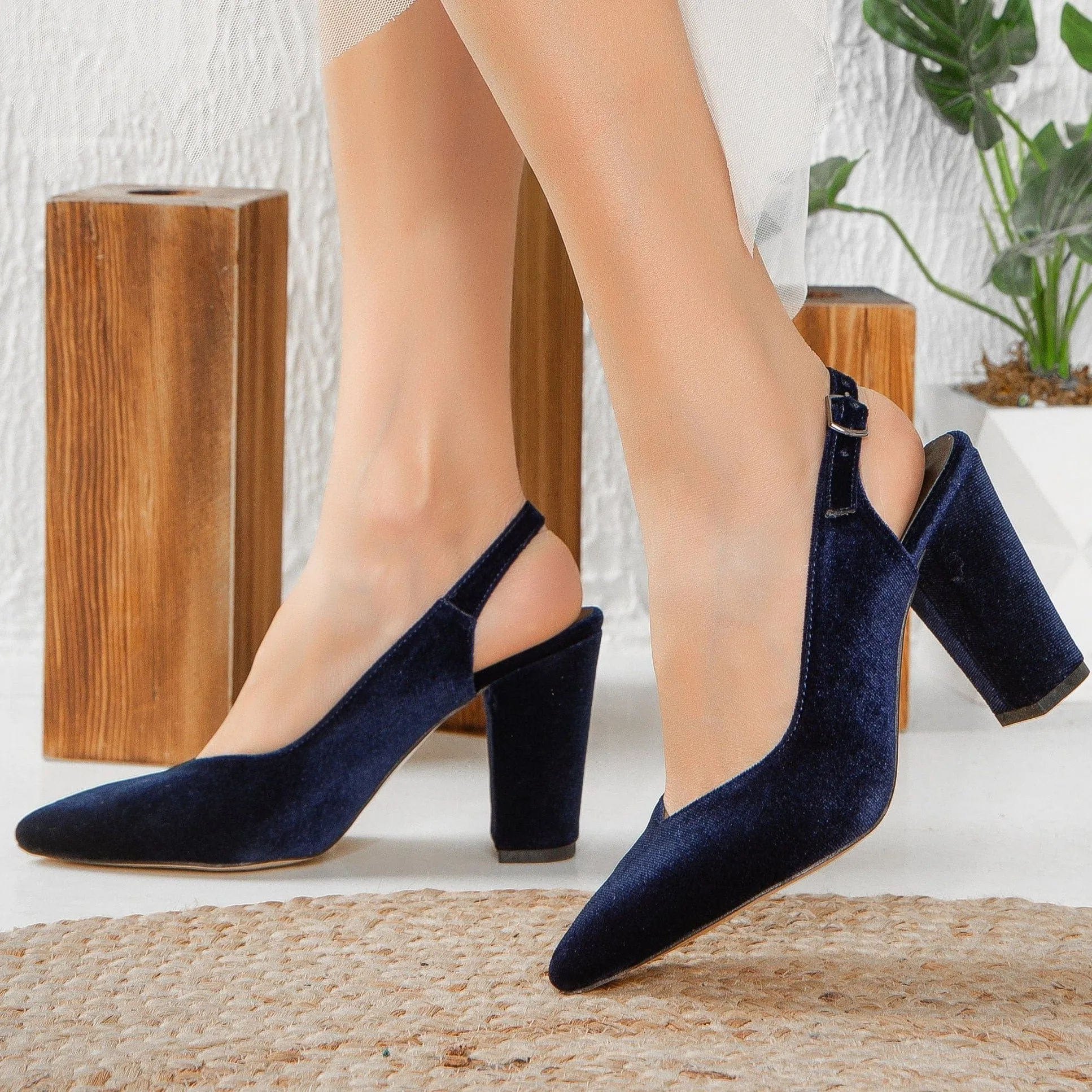 Emma Vegan Velvet Slingback High Heels | Blue