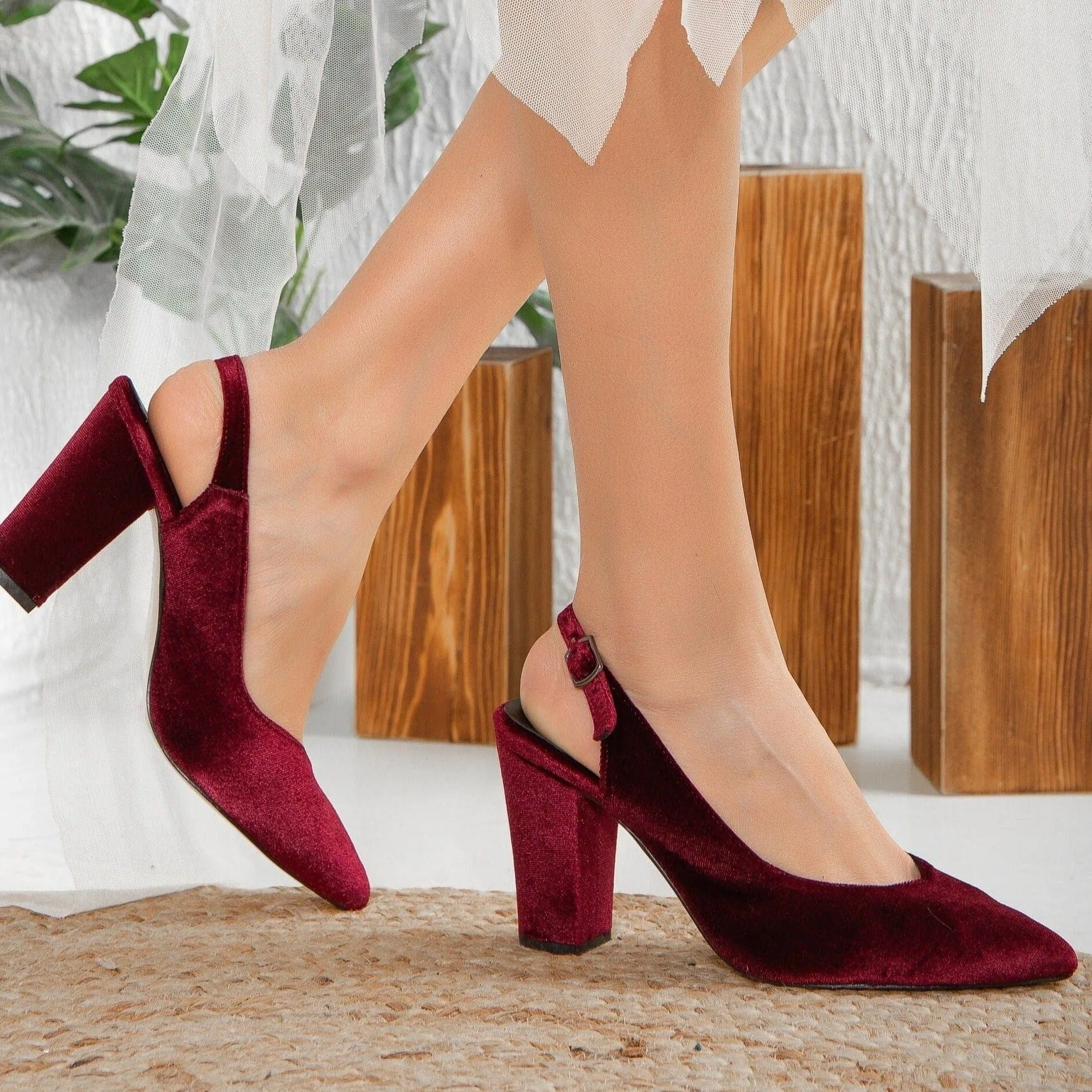 Emma Vegan Velvet Slingback High Heels | Burgundy