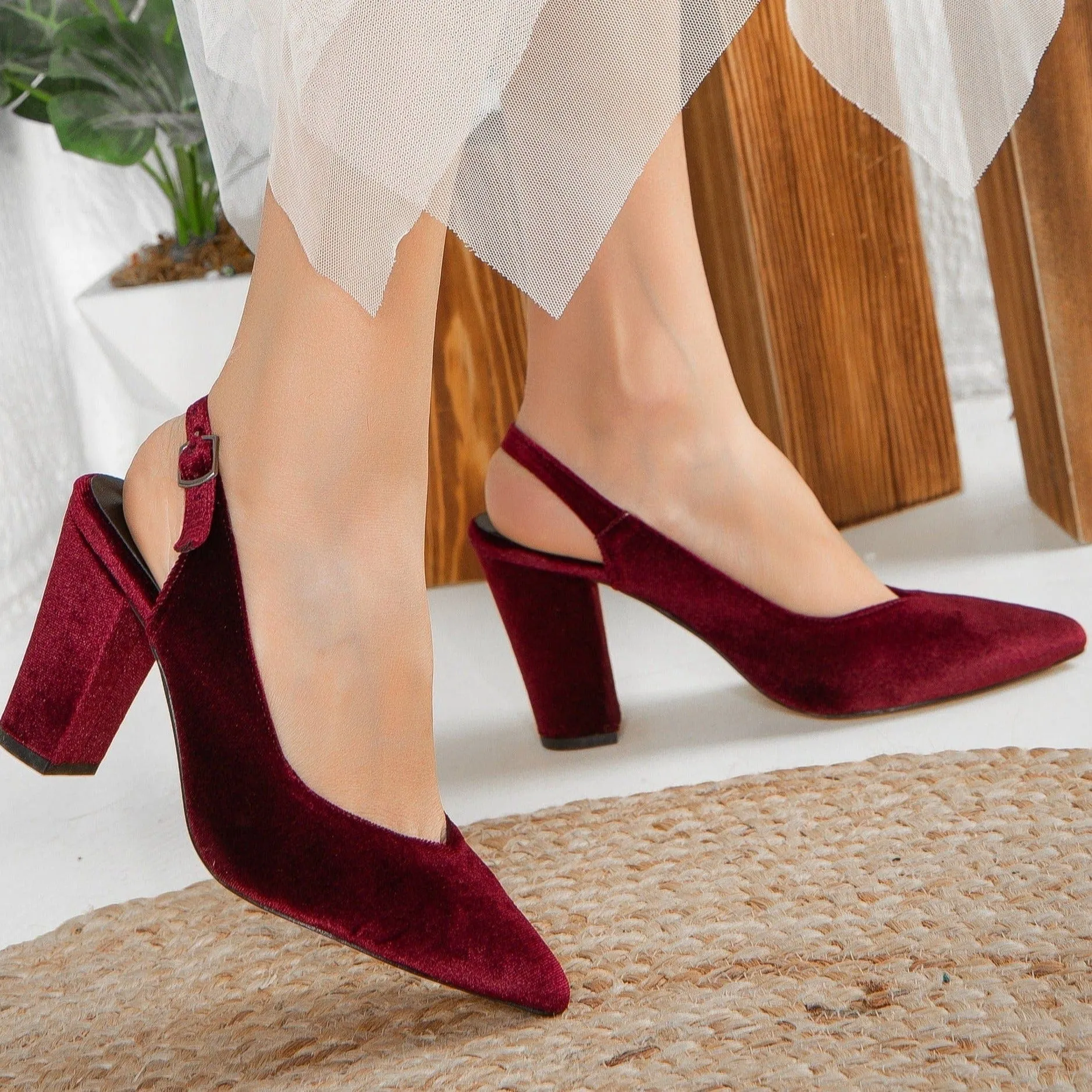 Emma Vegan Velvet Slingback High Heels | Burgundy