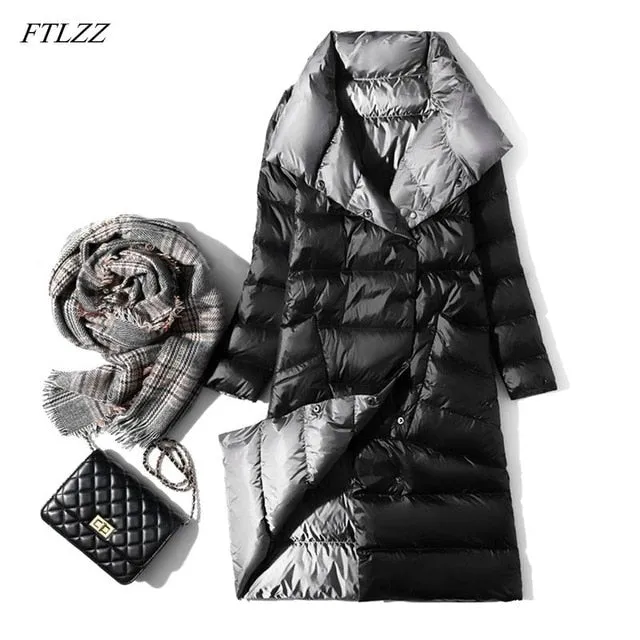 FTLZZ Ultra Light Down Jacket Women Winter Double Sided Slim White Duck Down Coat Single Breasted Turtleneck Warm Parkas