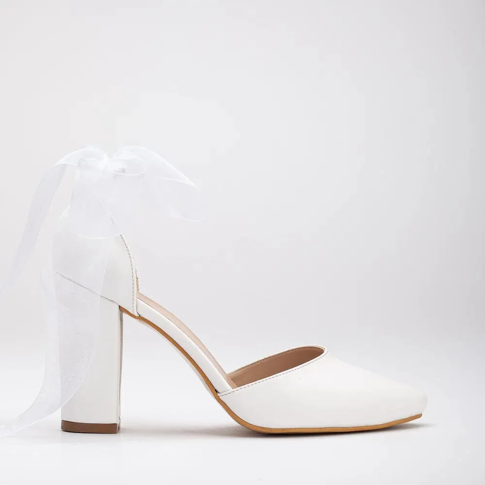 Gisele Vegan Leather Ribbon Wedding Heels | White