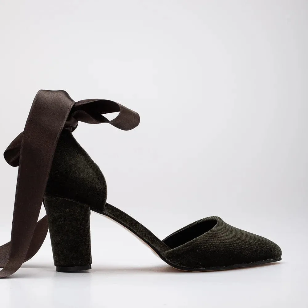 Gisele Vegan Velvet Ribbon Heels | Olive Green