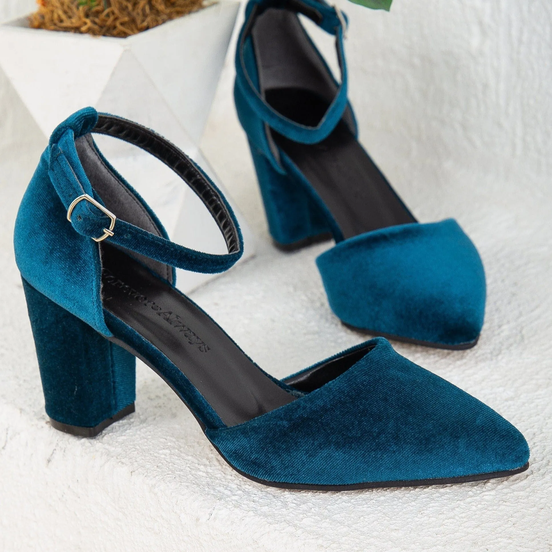 Gisele Vegan Velvet Ribbon Heels | Teal Blue