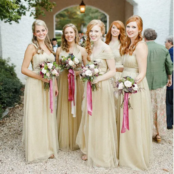 Gold Tulle Convertible Sleeveless Sweetheart Elegant  Long A-line Bridesmaid Dresses, WG200