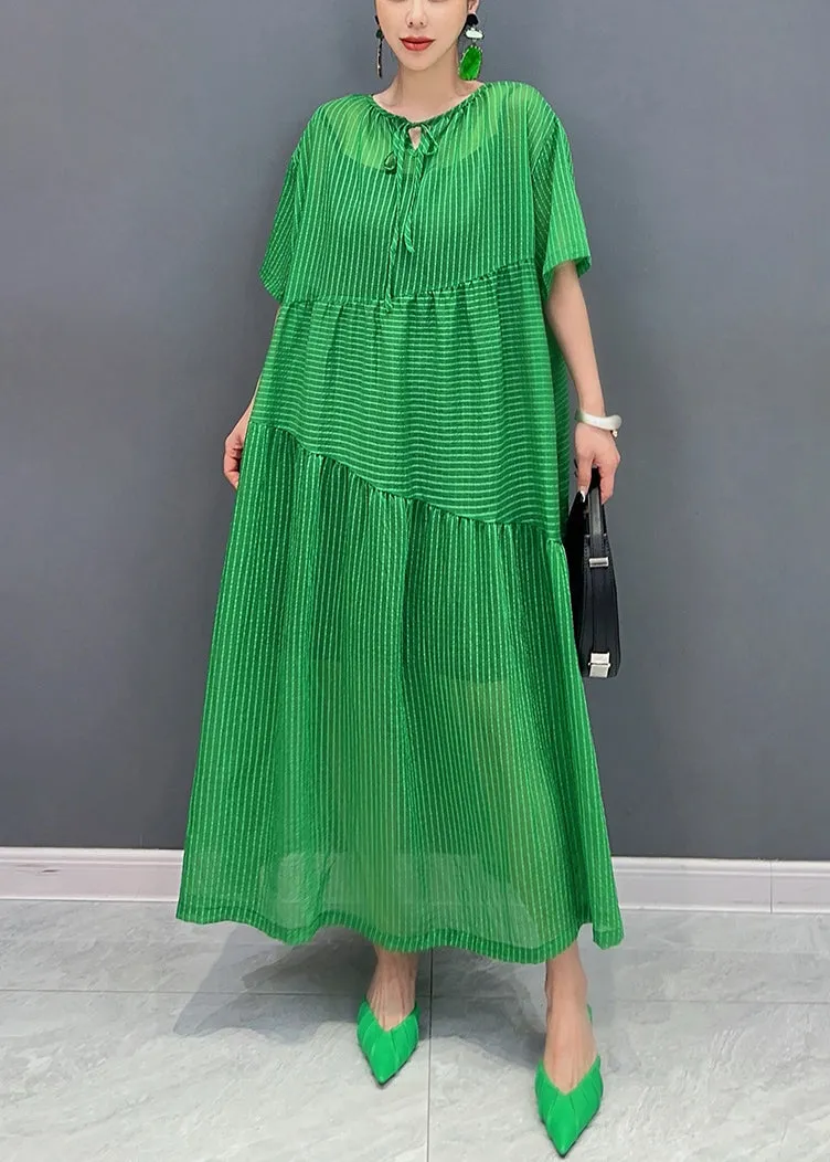 Green Striped Patchwork Cotton Long Dresses Pockets Short Sleeve