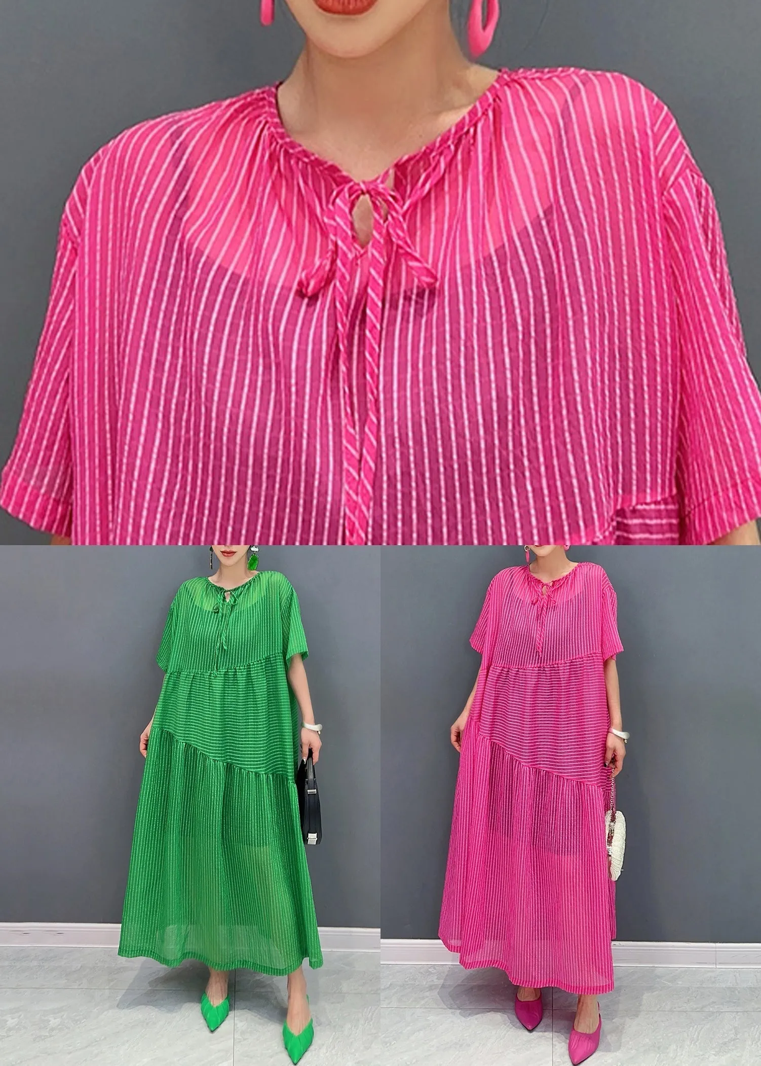 Green Striped Patchwork Cotton Long Dresses Pockets Short Sleeve