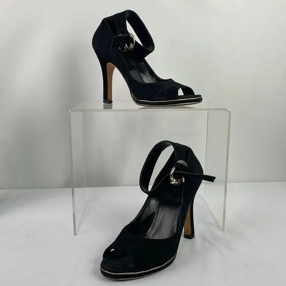 Gucci BlackSuede With Gold Ankle Strap Sandal Heels