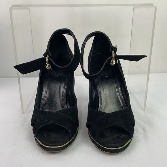 Gucci BlackSuede With Gold Ankle Strap Sandal Heels