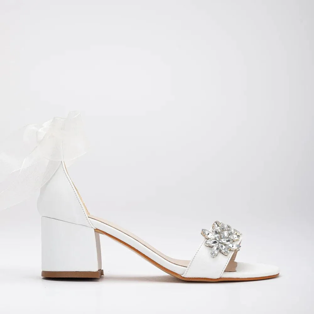 Helen Vegan Leather Rhinestone and Ribbon Wedding Heels | White