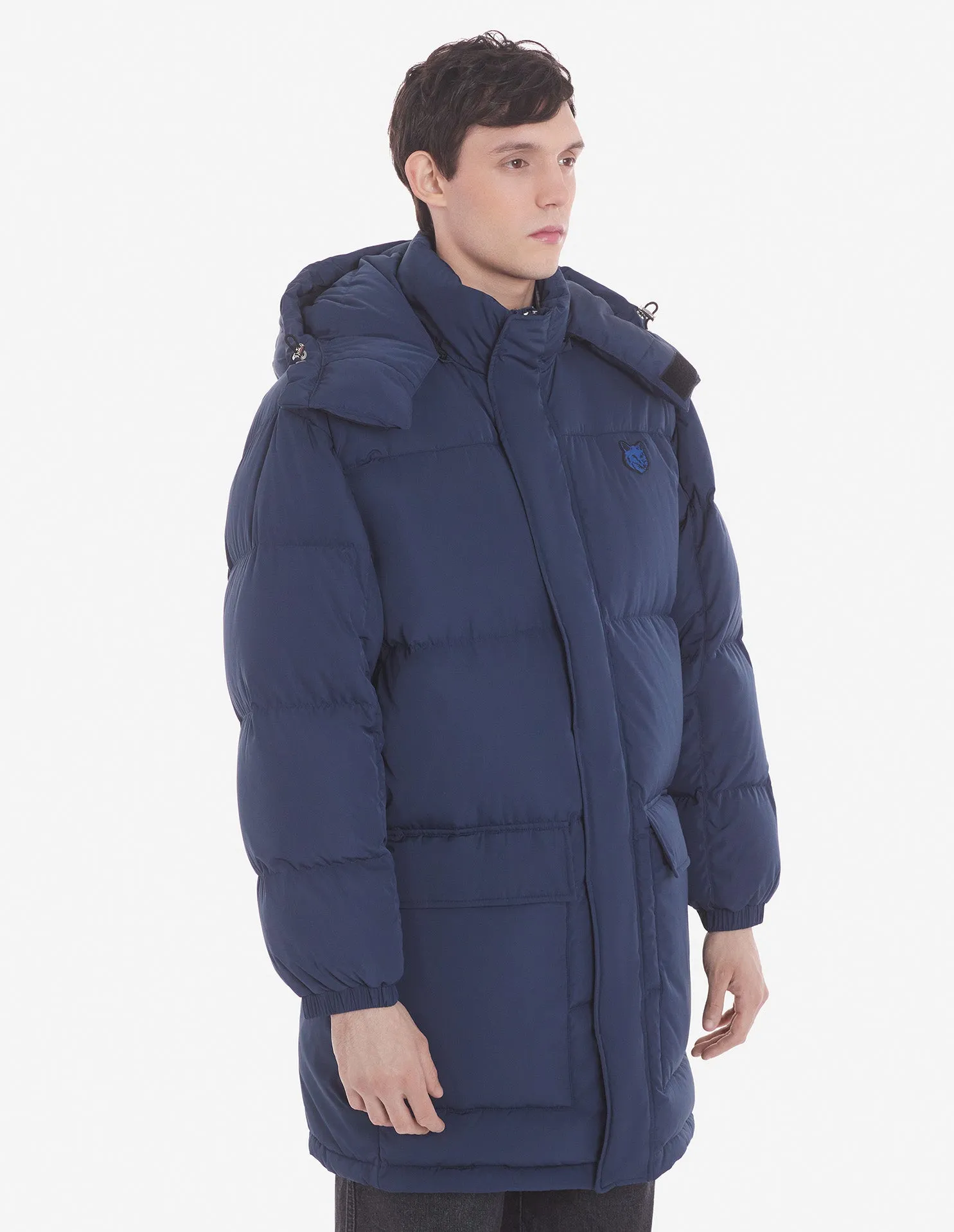 Hooded Long Puffer In Nylon With Bold Fox Head Patch