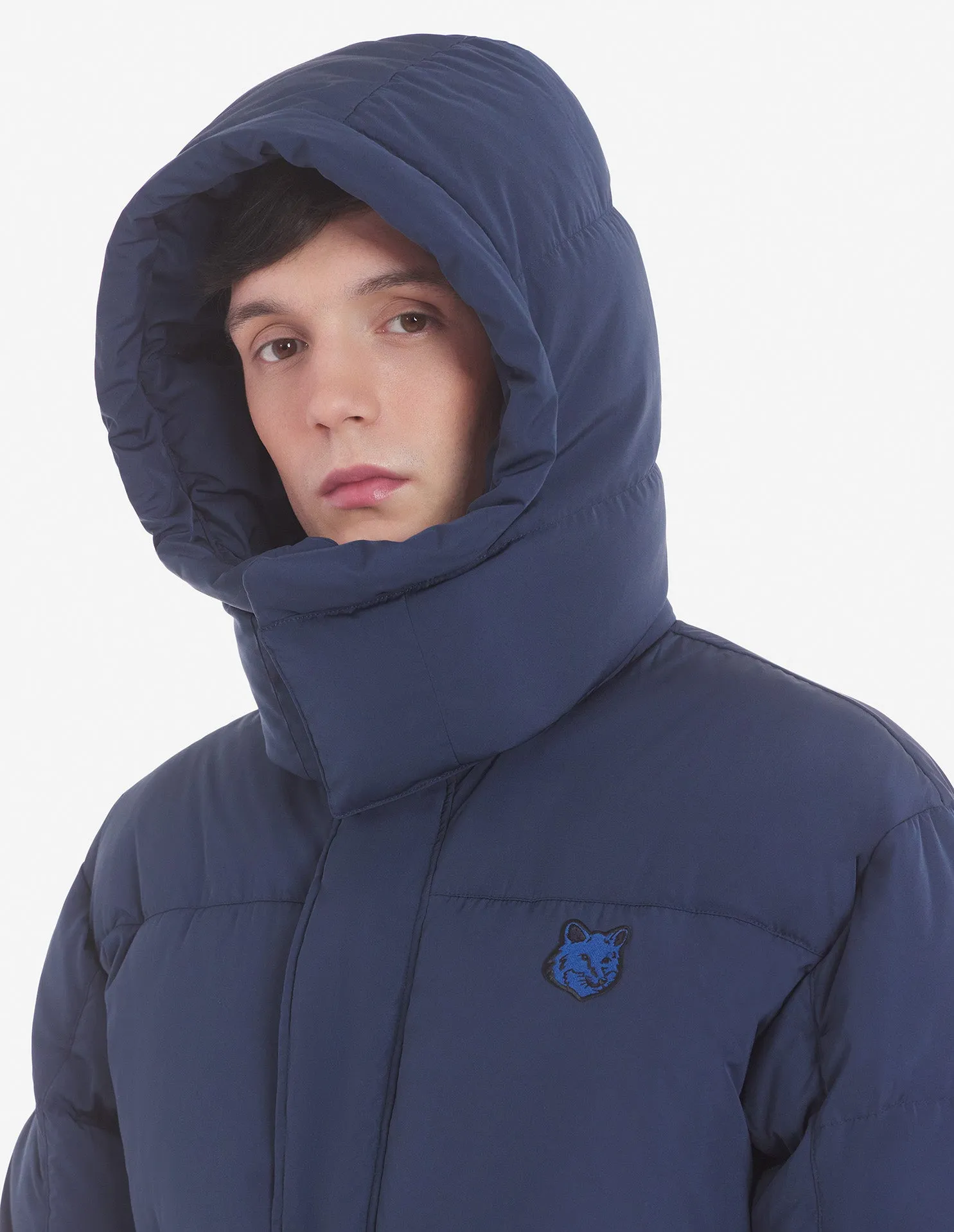 Hooded Long Puffer In Nylon With Bold Fox Head Patch