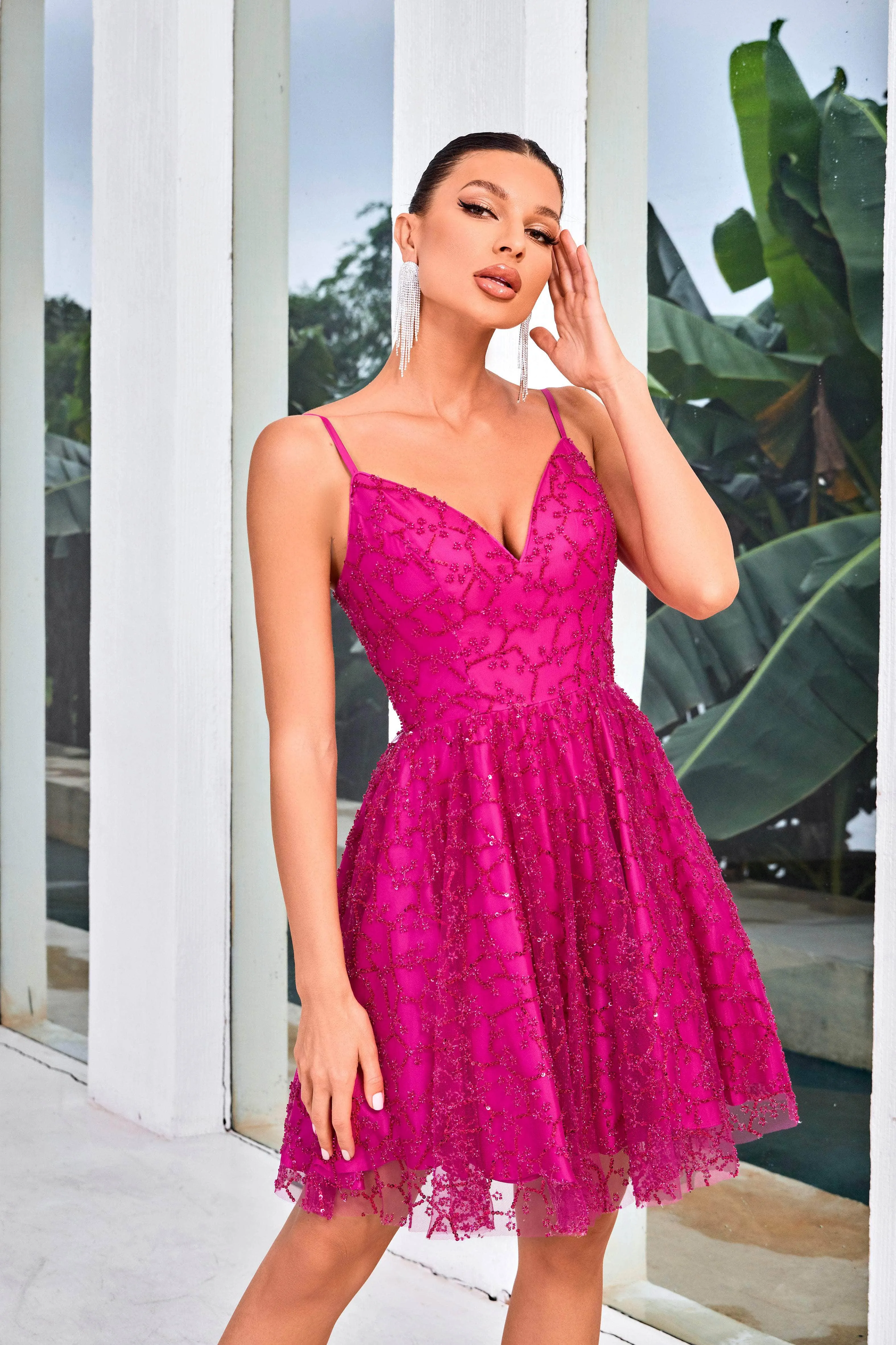 J'Adore Dresses J24084 - Beaded V-Neck Cocktail Dress