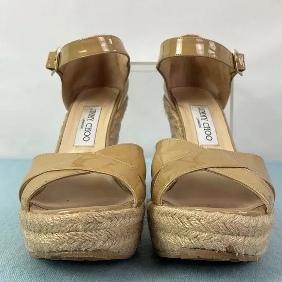 JimmyChoo Tan Patent Straw Wedges