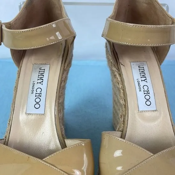 JimmyChoo Tan Patent Straw Wedges