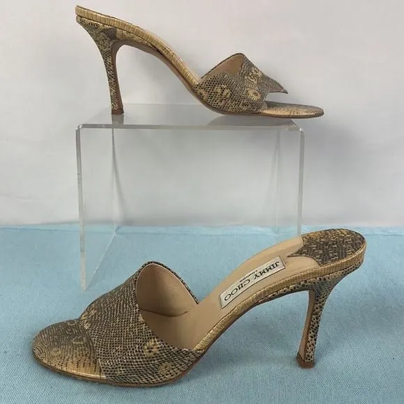 JimmyChoo Tan Snake Heeled Mules