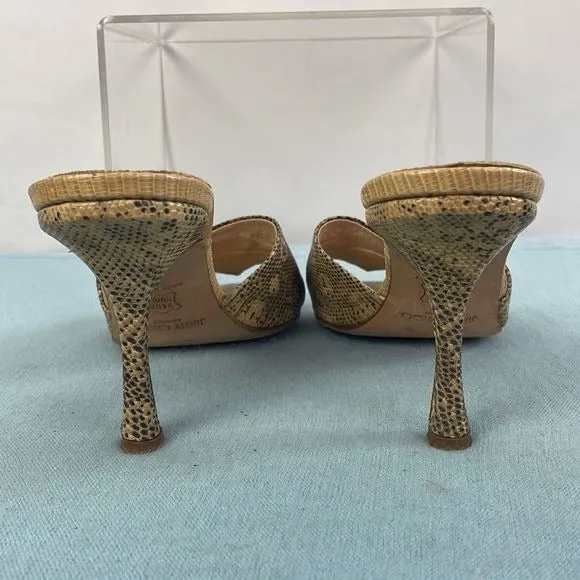 JimmyChoo Tan Snake Heeled Mules