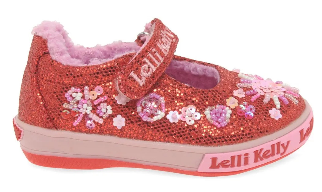 Lelli Kelly LK 3860 Dafne Red Glitter Fur Lined Dolly Shoes