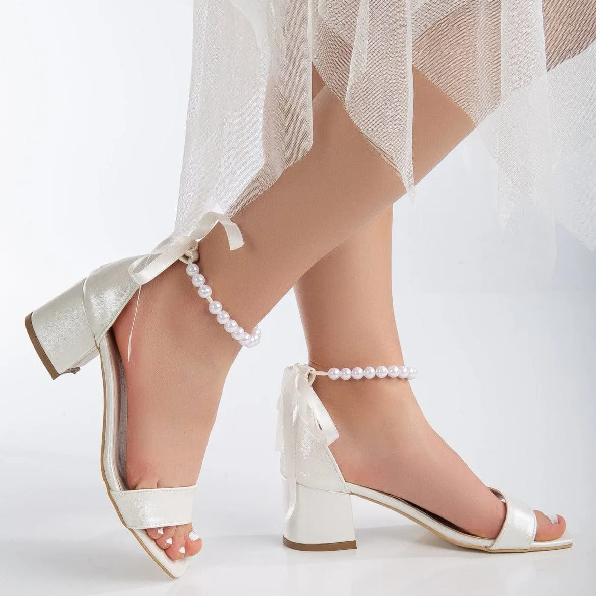 Lucille Vegan Leather Pearl Wedding Sandals | Ivory