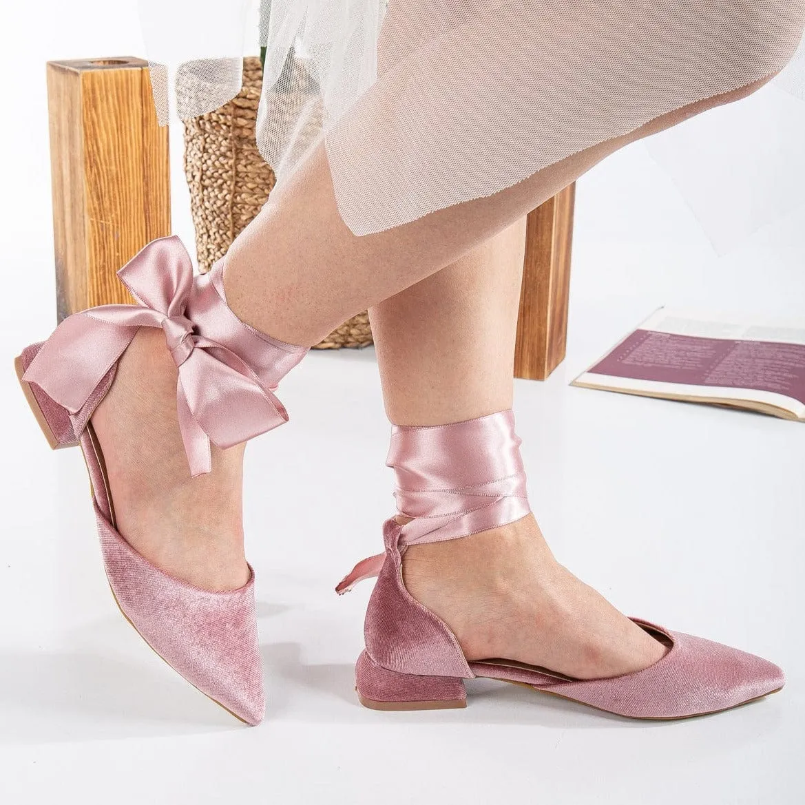 Madeline Vegan Velvet Ribbon Flats | Rose