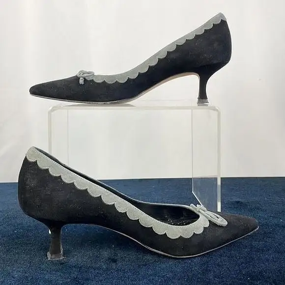 Manolo BlahnikBlack and Grey Suede Kitten Heels