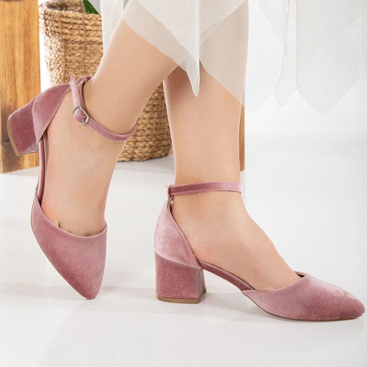 Marcelle Vegan Velvet Ribbon Low Heels | Rose