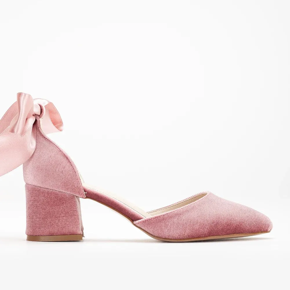 Marcelle Vegan Velvet Ribbon Low Heels | Rose