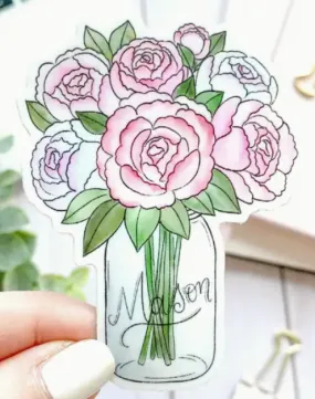 Mason Jar Peonies Watercolor Sticker