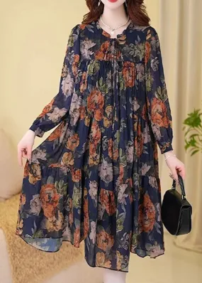 New Navy Print Wrinkled Cotton Long Dresses Long Sleeve