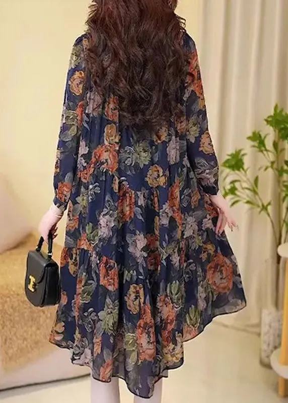 New Navy Print Wrinkled Cotton Long Dresses Long Sleeve