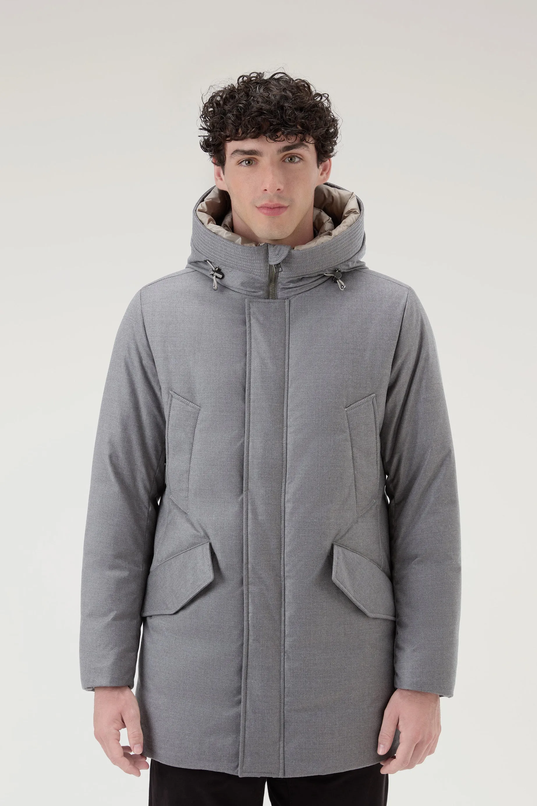 Parka in Italian Wool and Silk Blend Crafted with a Loro Piana Fabric Light Grey Melange