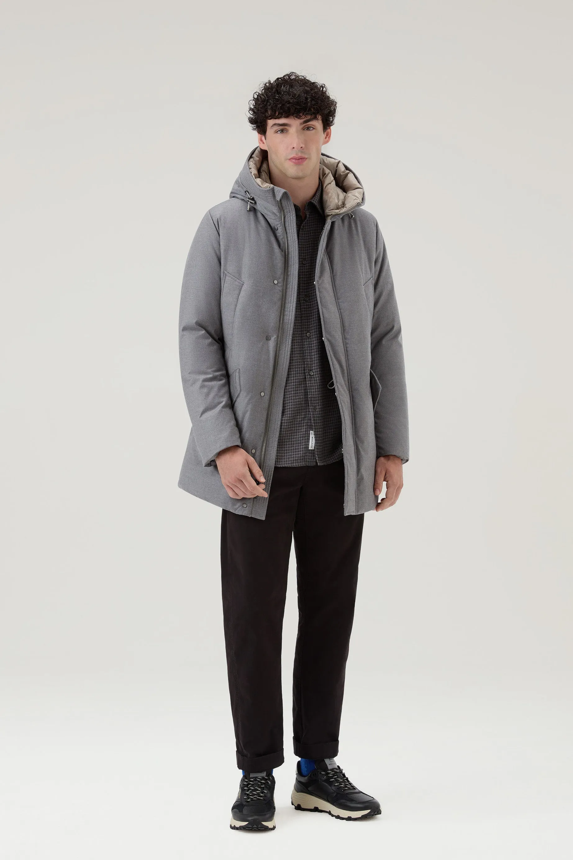 Parka in Italian Wool and Silk Blend Crafted with a Loro Piana Fabric Light Grey Melange