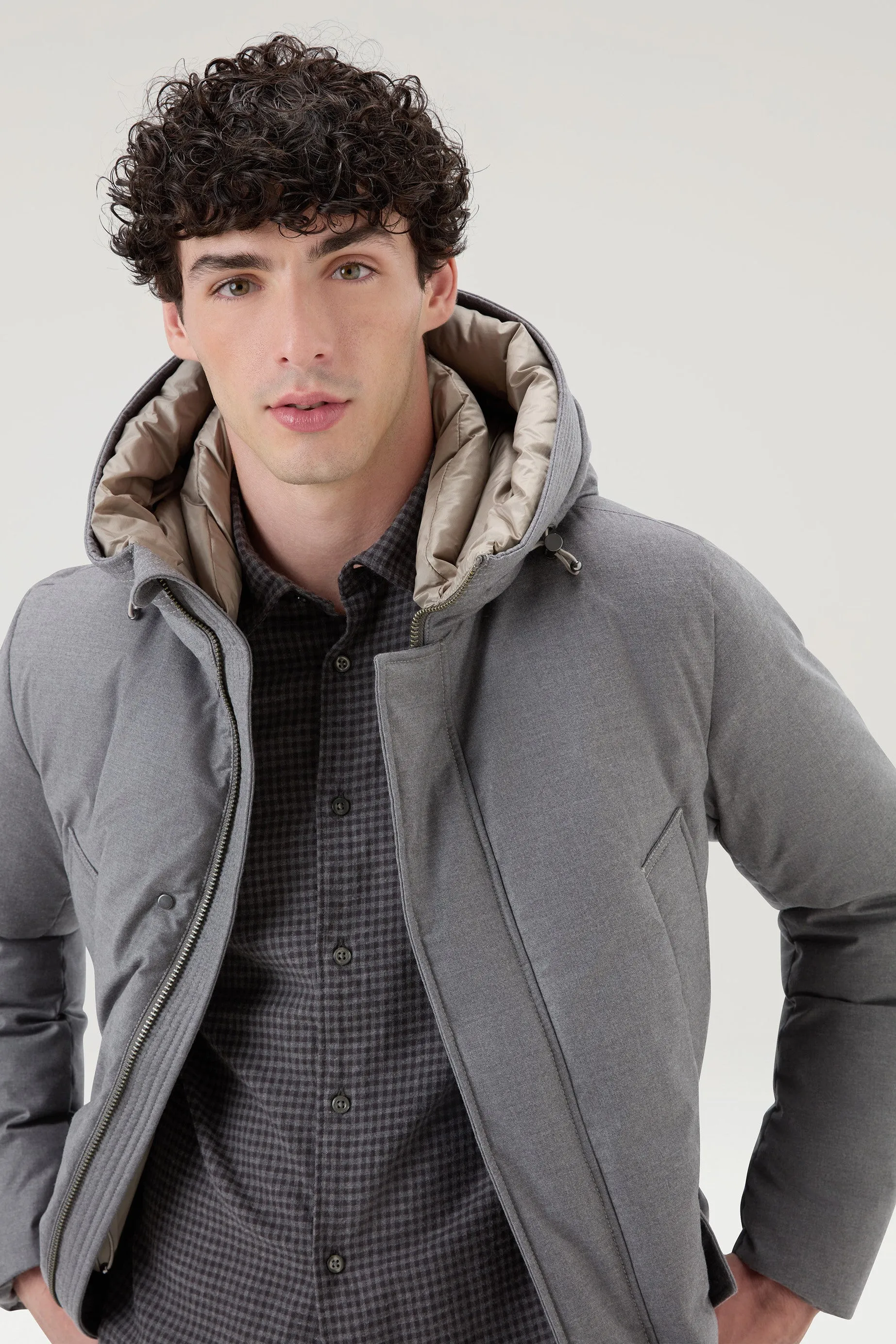 Parka in Italian Wool and Silk Blend Crafted with a Loro Piana Fabric Light Grey Melange