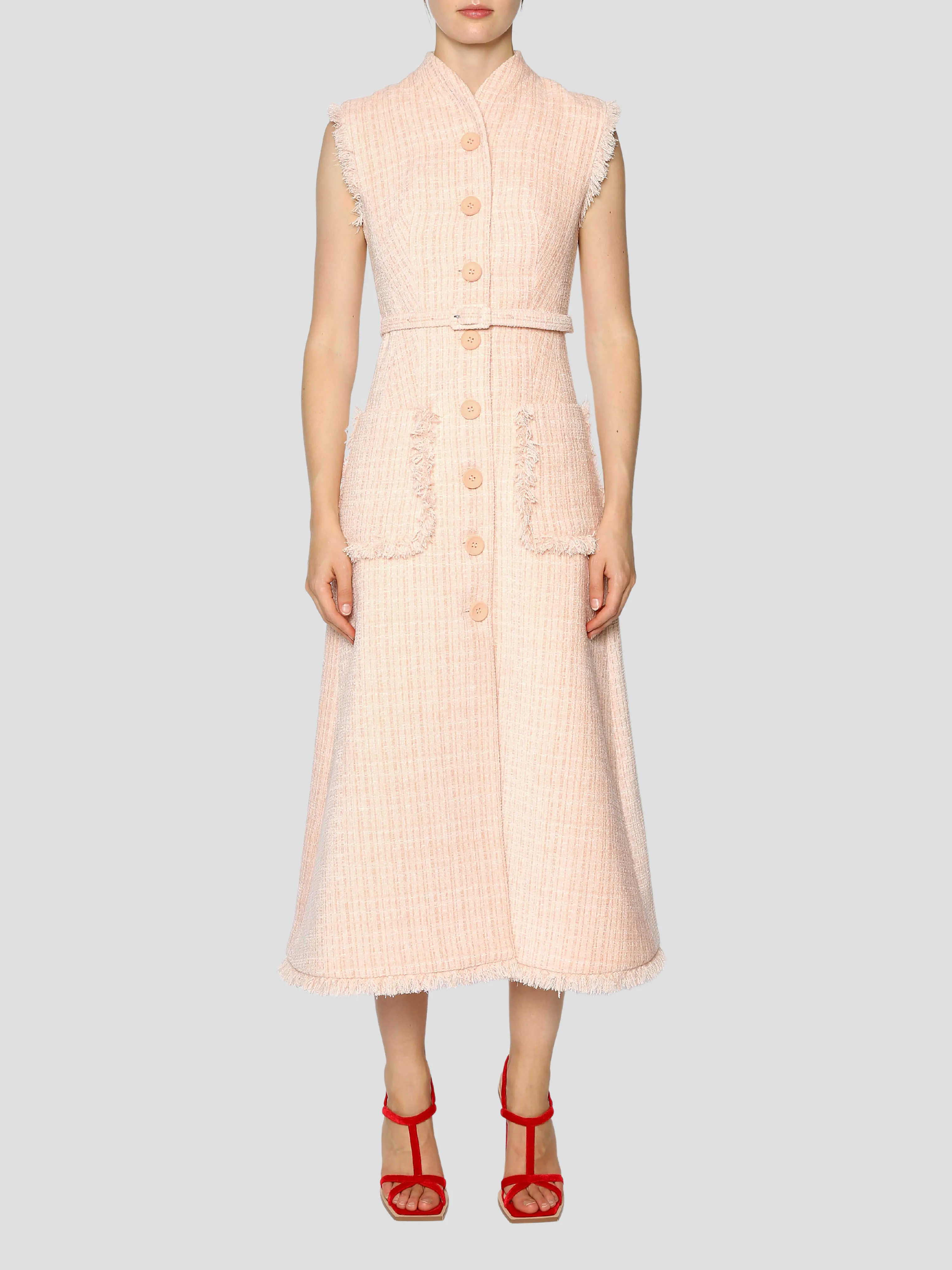 Pink Felicity Sleeveless Tweed Belted Midi Dress